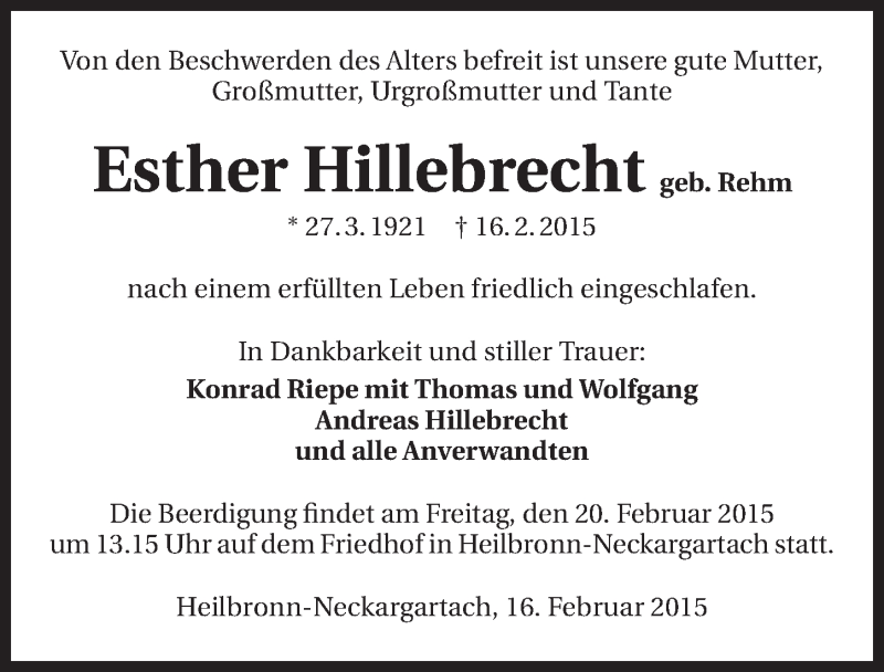  Traueranzeige für Esther Hillebrecht vom 18.02.2015 aus 