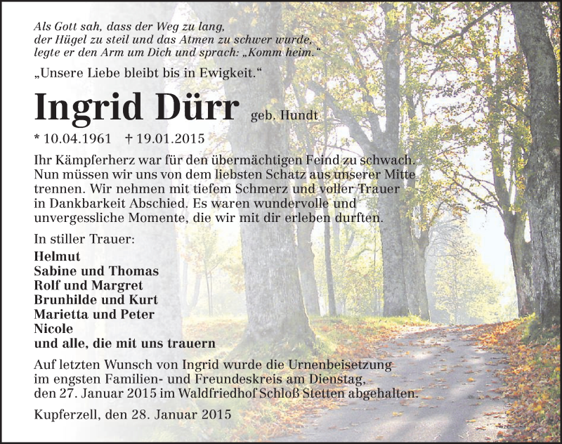  Traueranzeige für Ingrid Dürr vom 28.01.2015 aus 