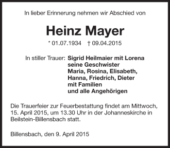 Traueranzeige von Heinz Mayer 