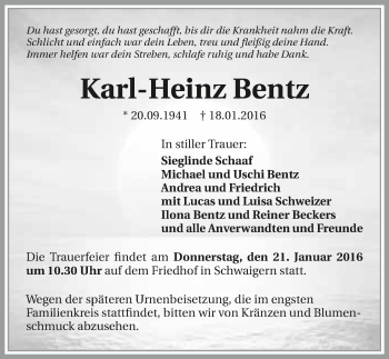 Traueranzeige von Karl-Heinz Bentz 
