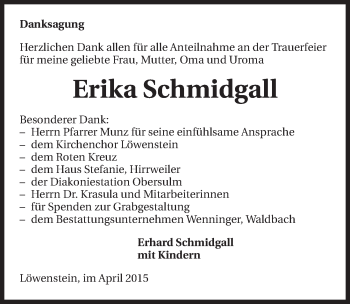 Traueranzeige von Erika Schmidgall 