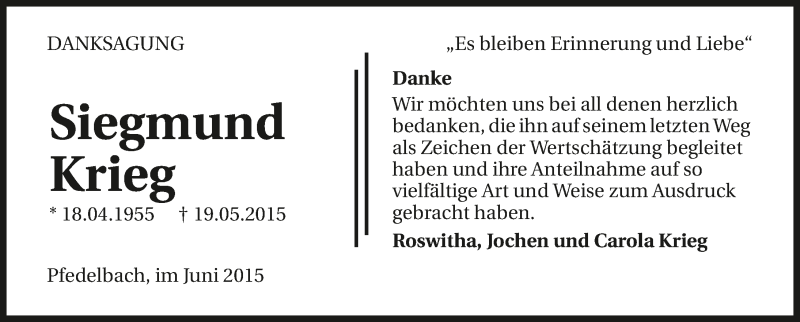  Traueranzeige für Siegmund Krieg vom 19.06.2015 aus 