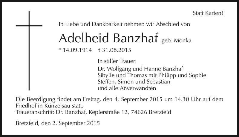  Traueranzeige für Adelheid Banzhaf vom 02.09.2015 aus 