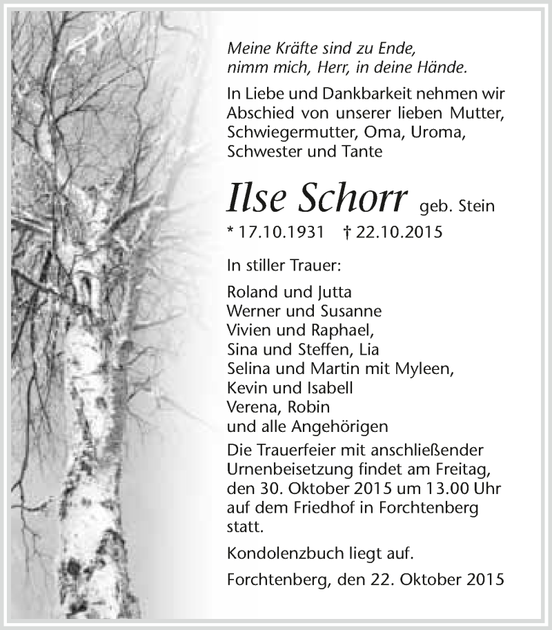  Traueranzeige für Ilse Schorr vom 27.10.2015 aus 