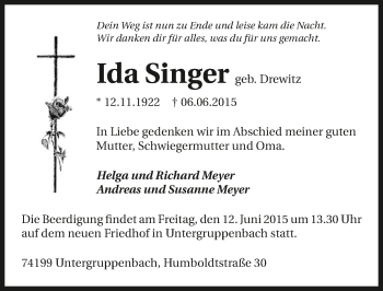 Traueranzeige von Ida Singer 