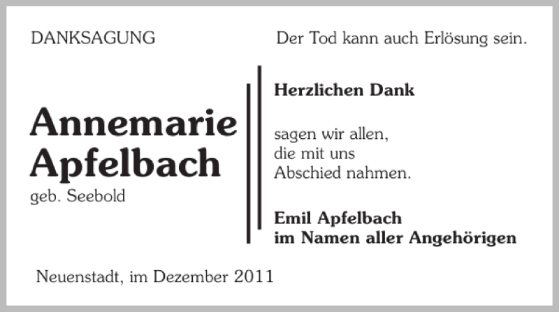  Traueranzeige für Annemarie Apfelbach vom 17.12.2011 aus 