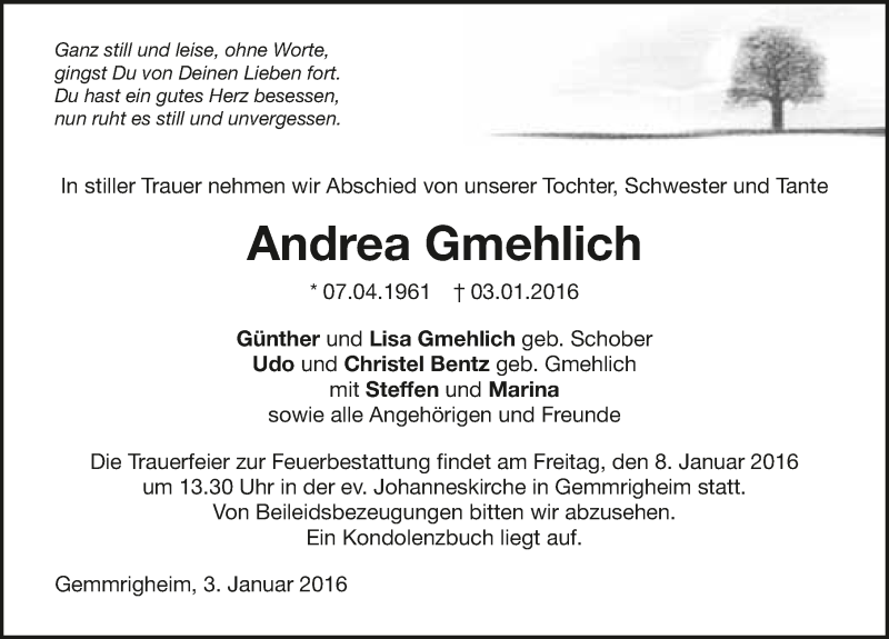  Traueranzeige für Andrea Gmehlich vom 05.01.2016 aus 