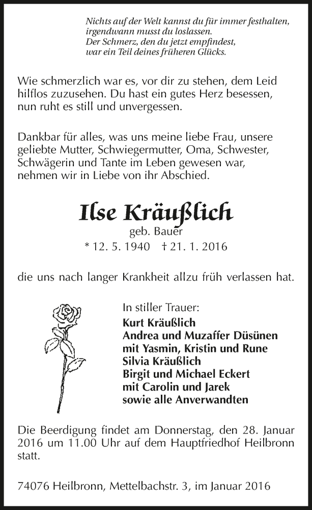  Traueranzeige für Ilse Kräußlich vom 23.01.2016 aus 