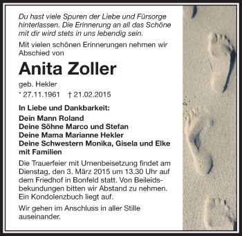 Traueranzeige von Anita Zoller 