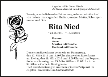 Traueranzeige von Rita Nied 