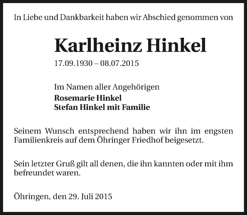  Traueranzeige für Karlheinz Hinkel vom 29.07.2015 aus 