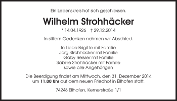 Traueranzeige von Wilhelm Strohhäcker 
