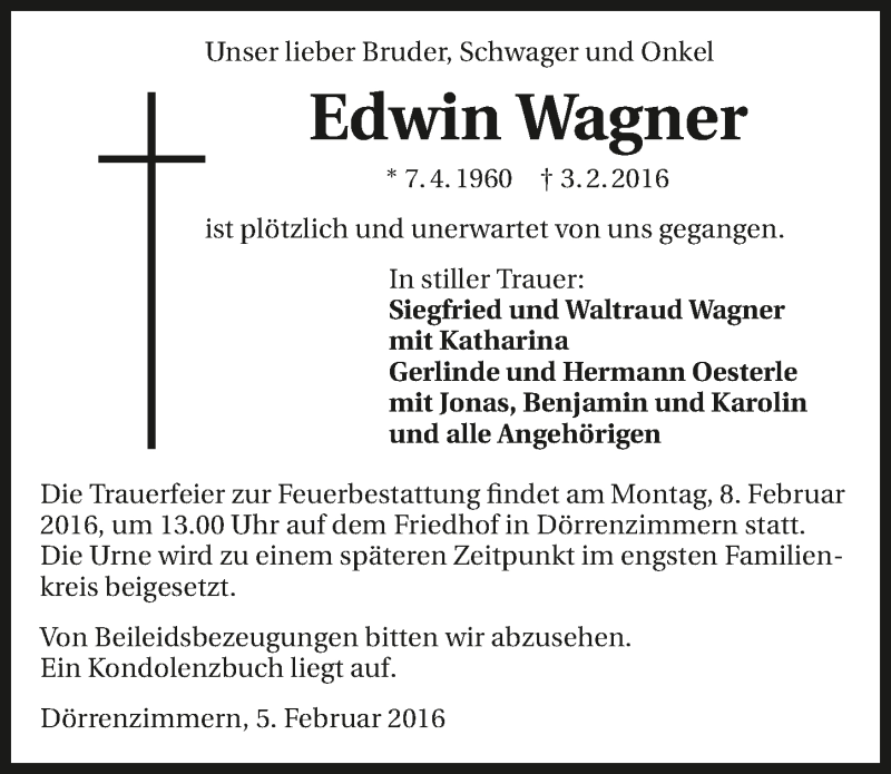  Traueranzeige für Edwin Wagner vom 05.02.2016 aus 