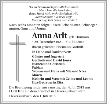 Traueranzeige von Anna Arlt 