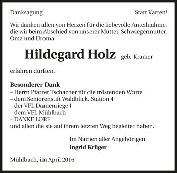Traueranzeige von Hildegard Holz 