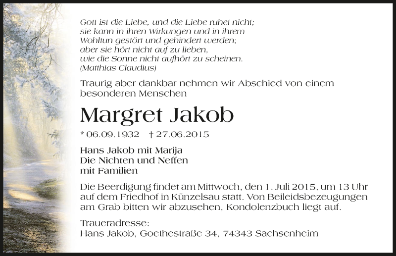  Traueranzeige für Margret Jakob vom 29.06.2015 aus 