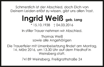 Traueranzeige von Ingrid Weiß 