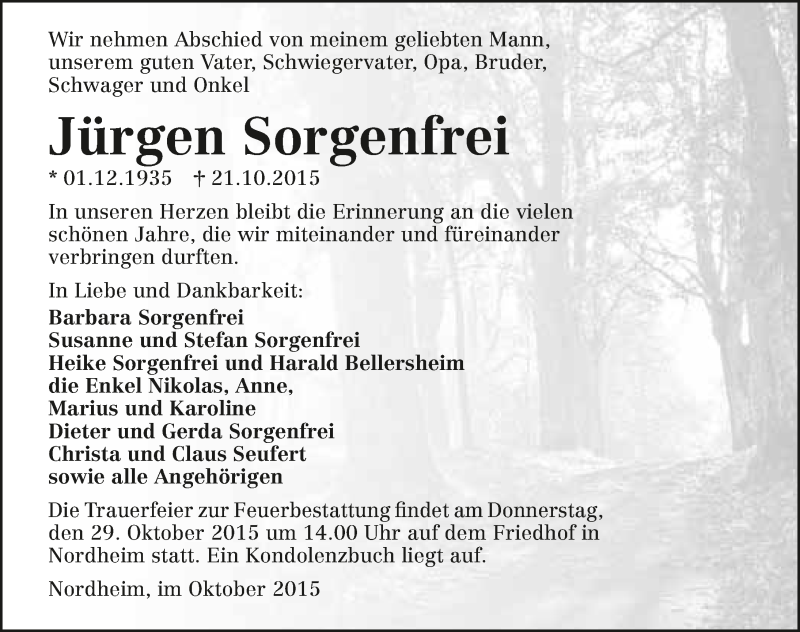  Traueranzeige für Jürgen Sorgenfrei vom 26.10.2015 aus 