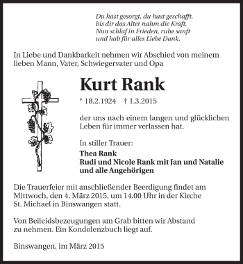 Traueranzeige von Kurt Rank 