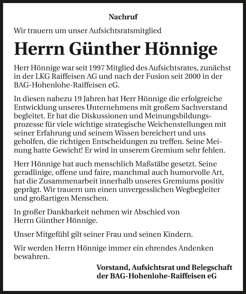  Traueranzeige für Günther Hönnige vom 19.01.2016 aus 