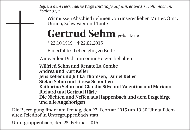  Traueranzeige für Gertrud Sehm vom 24.02.2015 aus 