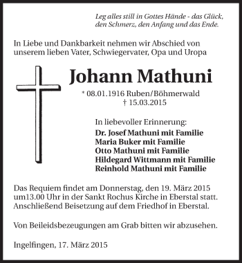 Traueranzeige von Johann Mathuni 