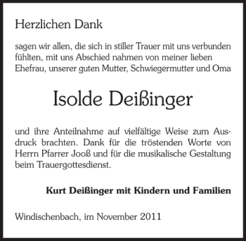 Traueranzeige von Isolde Deißinger 
