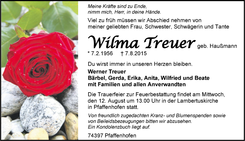  Traueranzeige für Wilma Treuer vom 10.08.2015 aus 