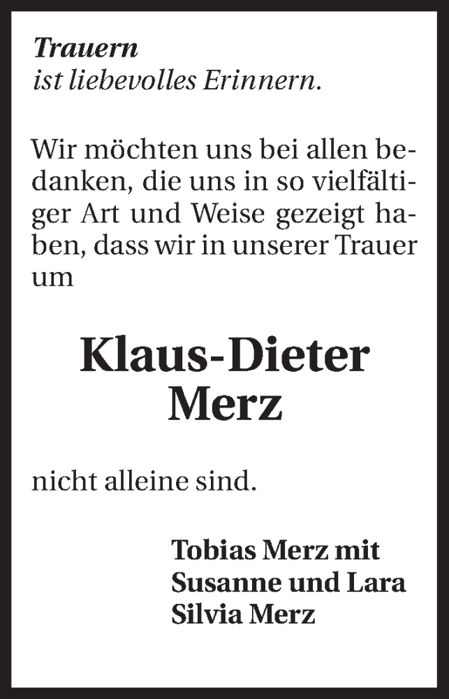  Traueranzeige für Klaus-Dieter Merz vom 02.01.2015 aus 