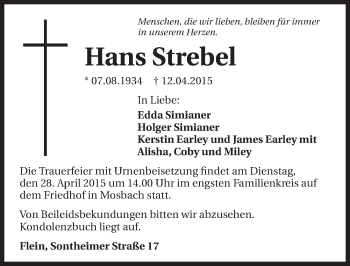 Traueranzeige von Hans Strebel 