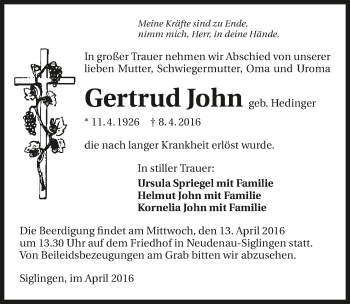 Traueranzeige von Gertrud John 