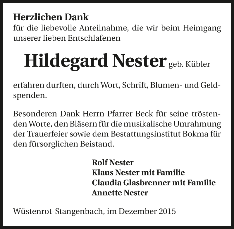  Traueranzeige für Hildegard Nester vom 19.12.2015 aus 