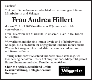Traueranzeige von Andrea Hillert 