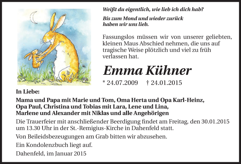  Traueranzeige für Emma Kühner vom 29.01.2015 aus 
