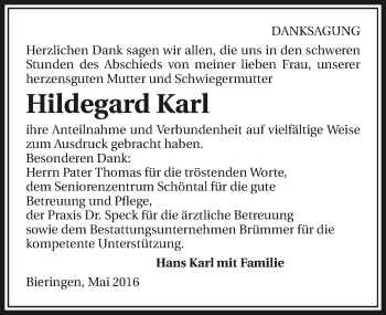 Traueranzeige von Hildegard Karl 