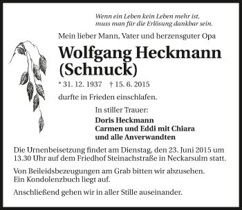 Traueranzeige von Wolfgang Heckmann 