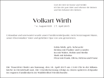 Traueranzeige von Volkart Wirth 