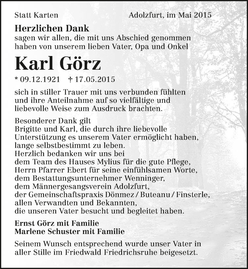  Traueranzeige für Karl Görz vom 30.05.2015 aus 