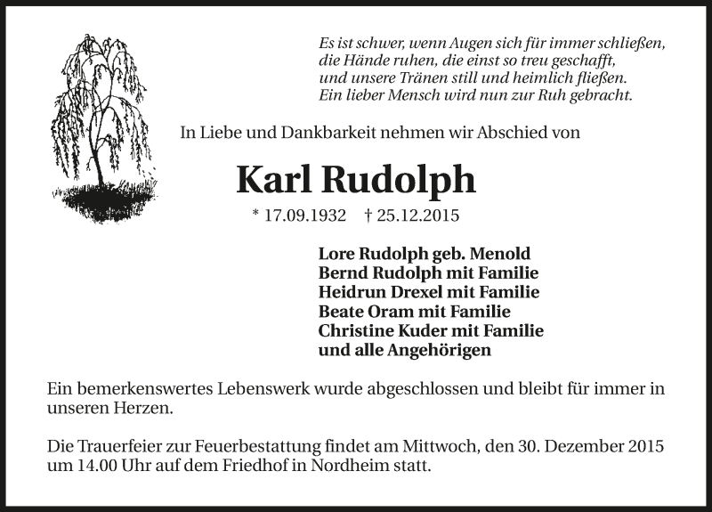  Traueranzeige für Karl Rudolph vom 28.12.2015 aus 