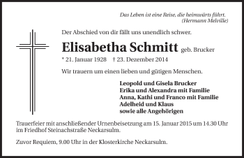 Traueranzeige von Elisabetha Schmitt 