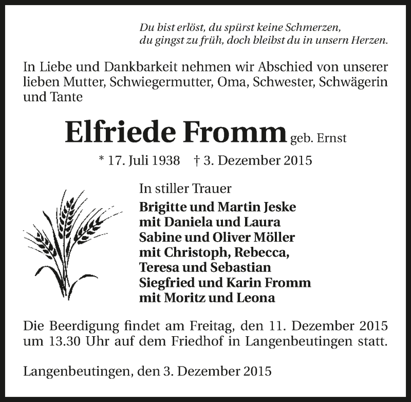  Traueranzeige für Elfriede Fromm vom 05.12.2015 aus 
