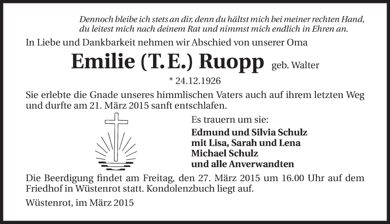  Traueranzeige für Emilie Ruopp vom 25.03.2015 aus 