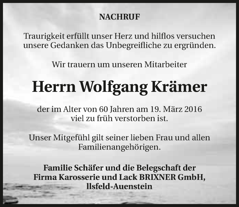  Traueranzeige für Wolfgang Krämer vom 26.03.2016 aus 