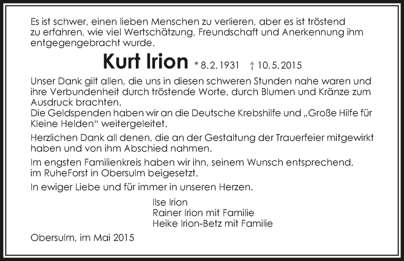 Traueranzeige für Kurt Irion vom 30.05.2015 aus 