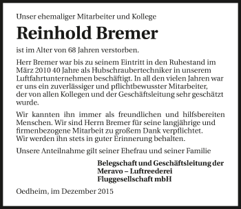 Traueranzeige von Reinhold Bremer 