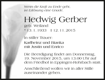Traueranzeige von Hedwig Gerber 