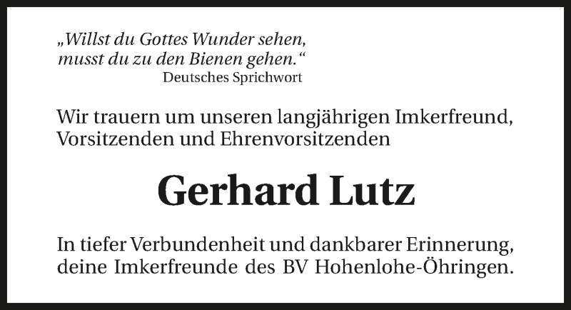  Traueranzeige für Gerhard Lutz vom 28.01.2016 aus 