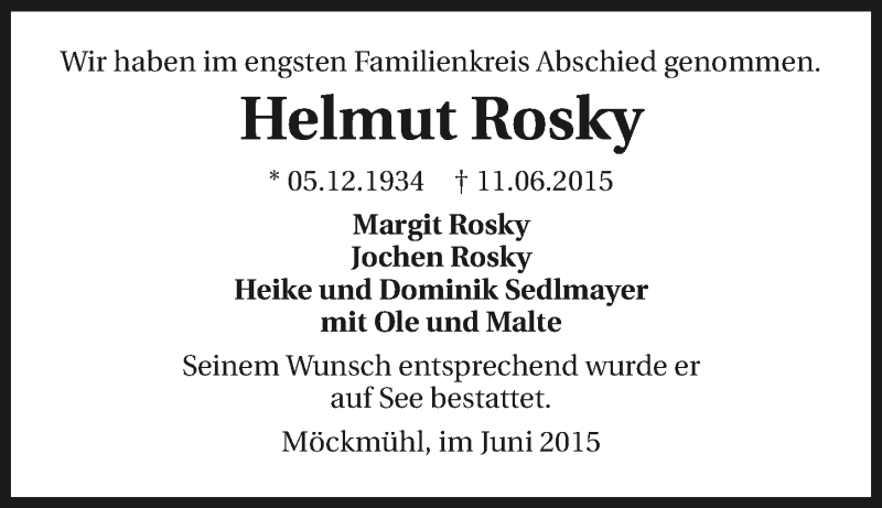  Traueranzeige für Helmut Rosky vom 18.06.2015 aus 