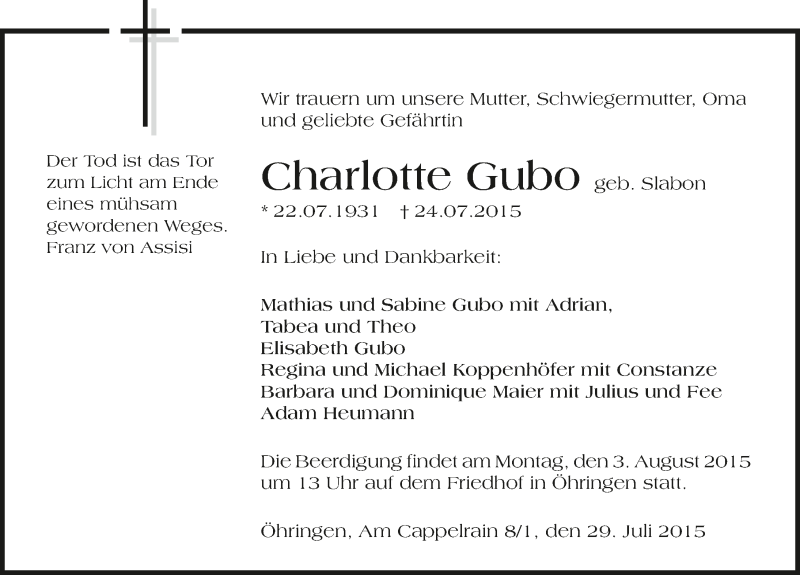  Traueranzeige für Charlotte Gubo vom 29.07.2015 aus 