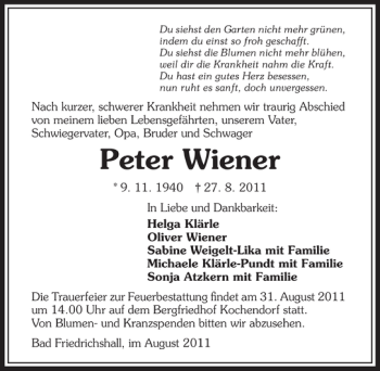 Traueranzeige von Peter Wiener 